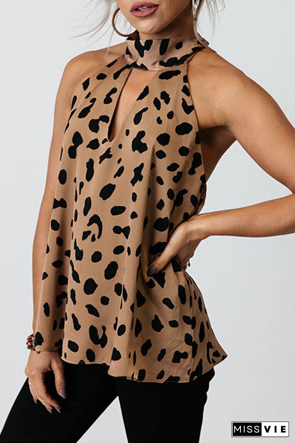 Leopard Print Keyhole Lace-up Halter Open Back Tank Top