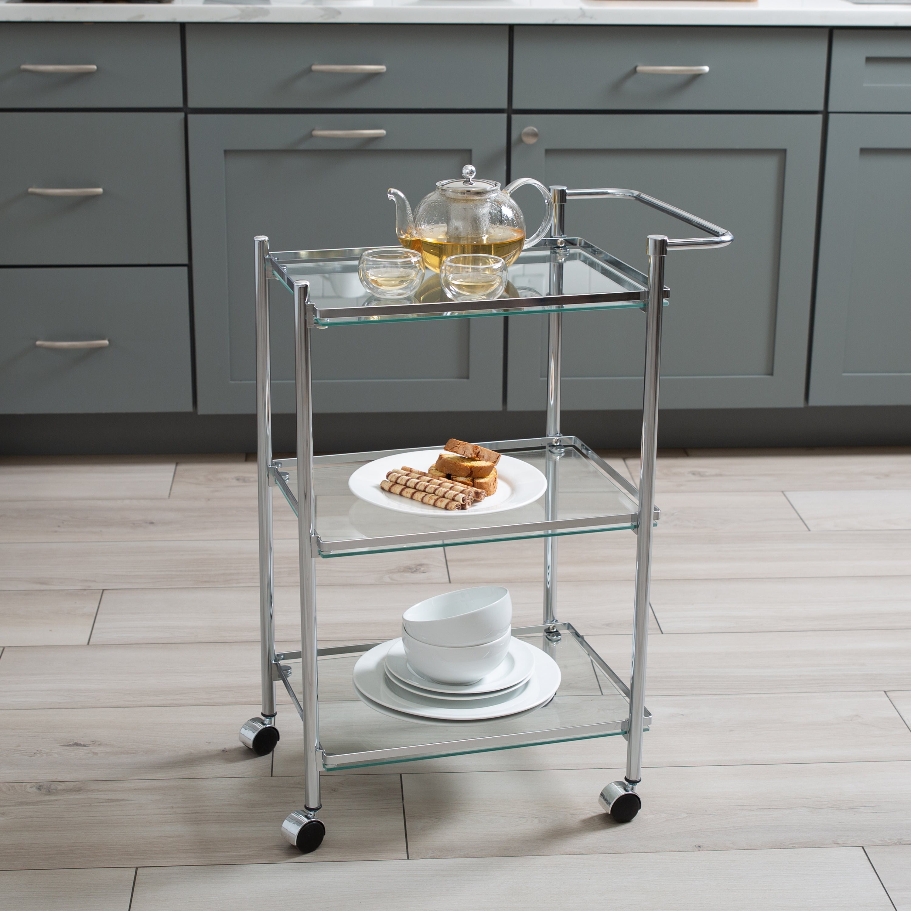 Organize It All Tempered Glass Rolling Kitchen Serving Cart