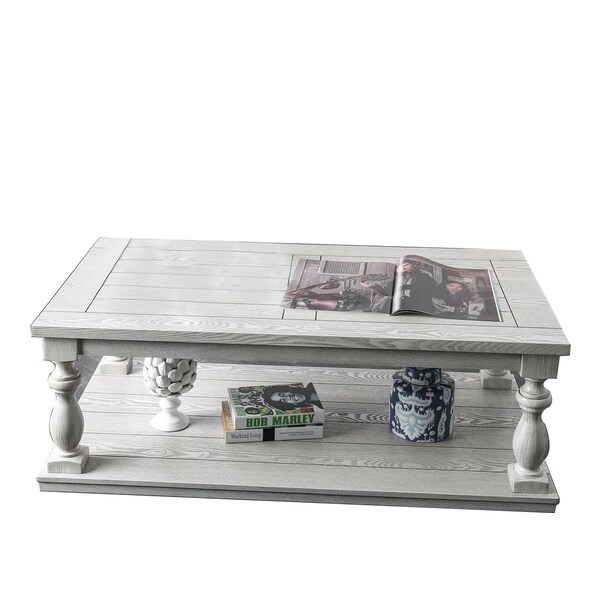 Plank Top Coffee Table with Open Shelf and Turned Legs， Antique White