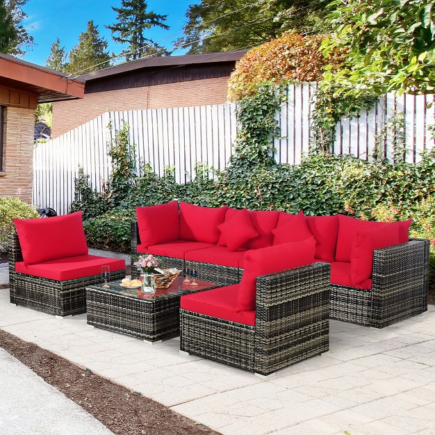 Costway 7pcs Patio Rattan Furniture Set Sectional Sofa Garden Red Cushion