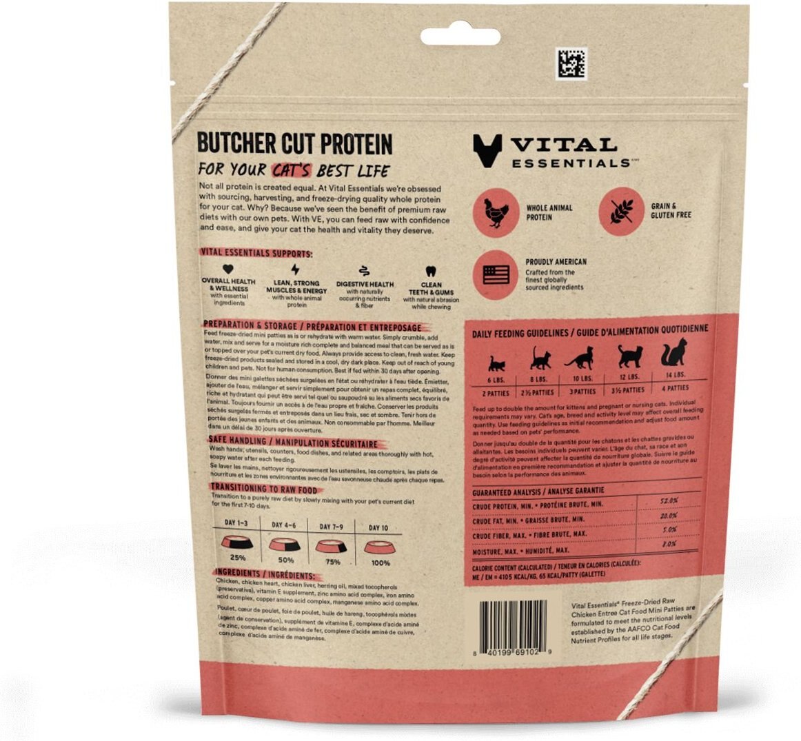 Vital Essentials Chicken Entree Cat Food Mini Patties Grain-Free Freeze-Dried Raw Cat Food， 3.75-oz bag