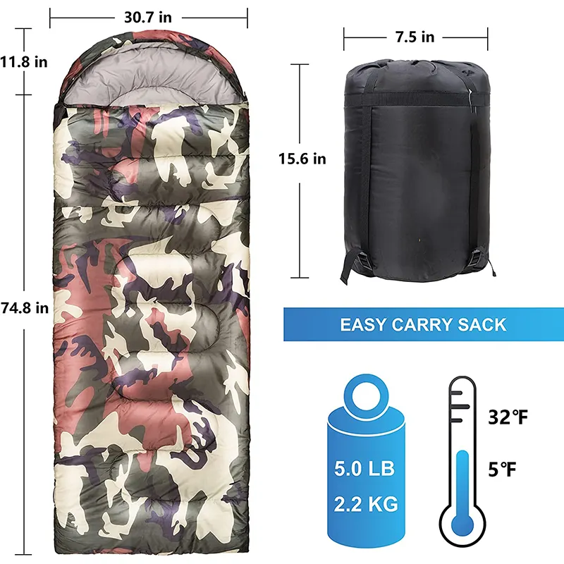 Customizable Adult 4 Season Temp Range (5F 32F) Portable Waterproof camouflage sleeping bag