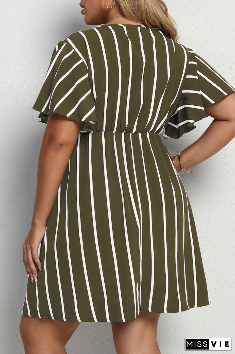 Black Casual Striped Print Patchwork V Neck Short Sleeve Dress Plus Size Dresses