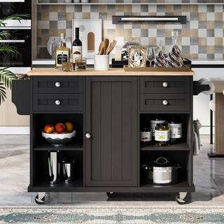 Black 52.8 in. W x 18.5 in. D x 36.4 in. H Kitchen Island Cart on 5-Wheels with Spice Rack Towel Rack and Drawer WF296AABWY