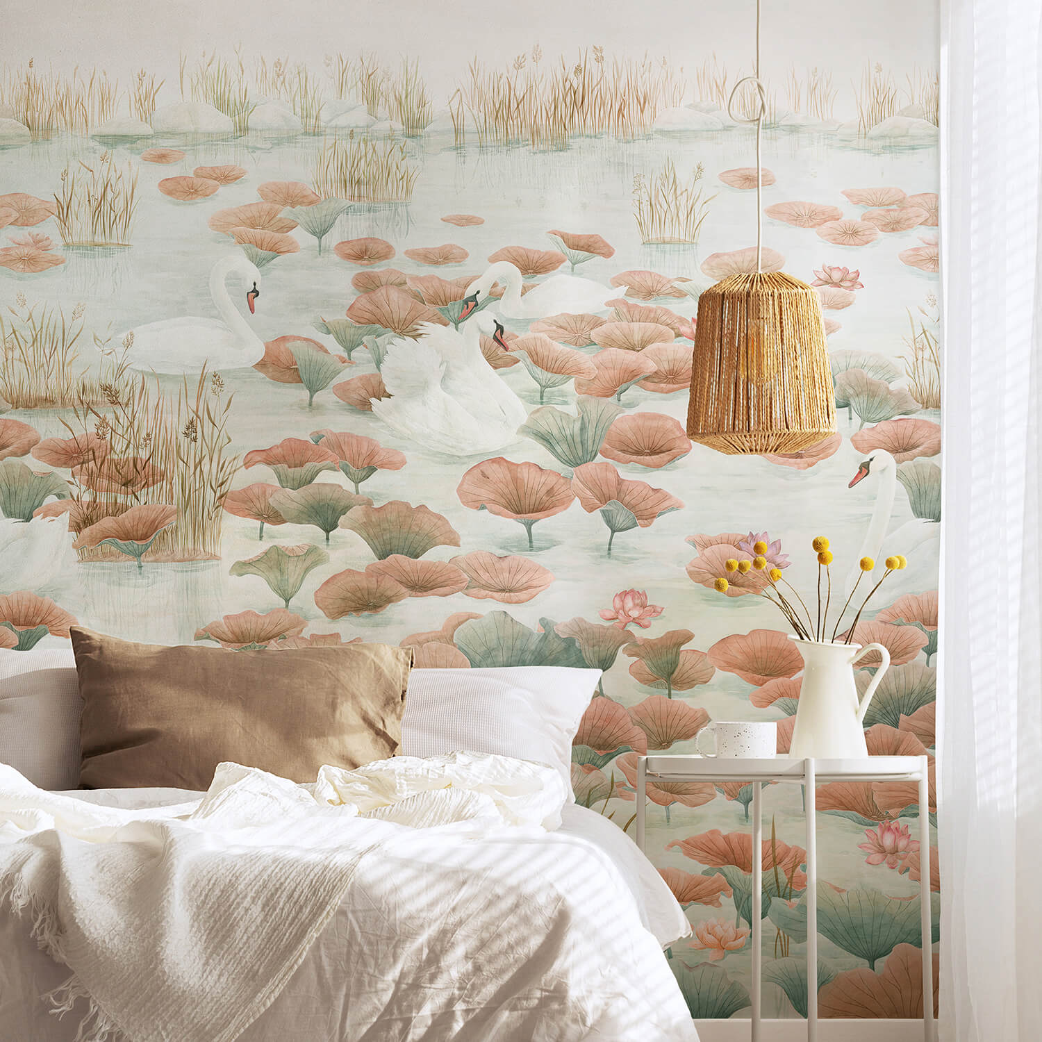 Classic Swan Lake Mural Wallpaper in Terracotta