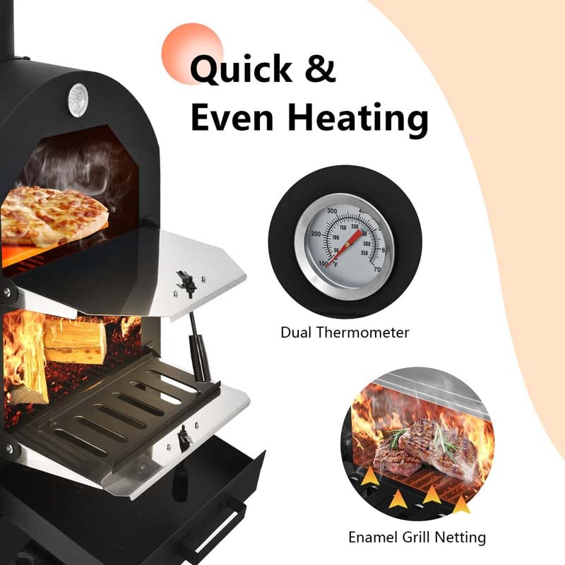 2 Layer Steel Outdoor Pizza Oven Wood Fire Pizza Grill Maker with Wheels, Pizza Stone & Peel, Waterproof Cover