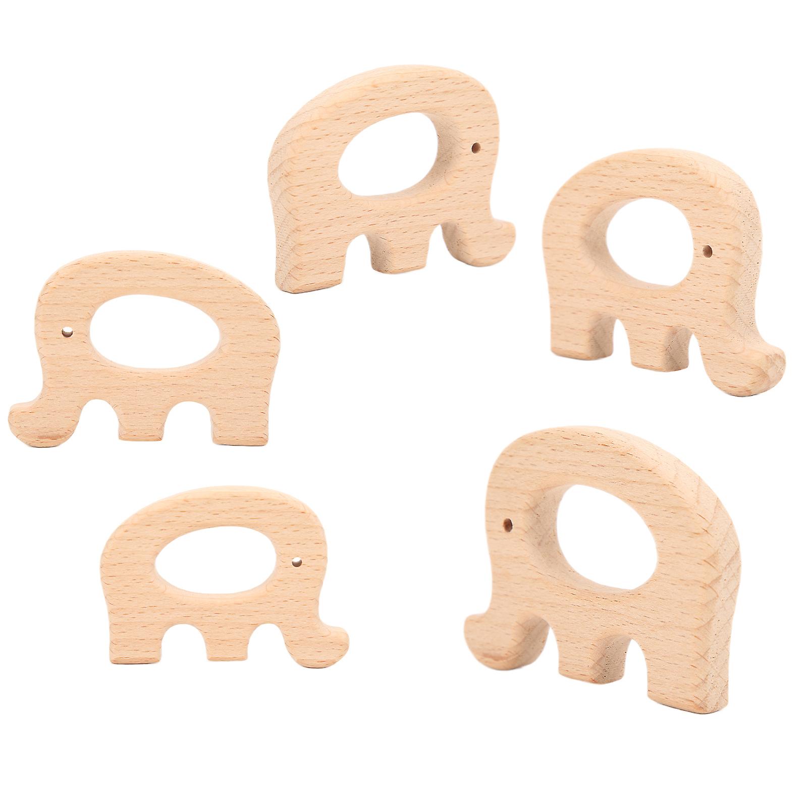 5pcs Wooden Teether Toys Natural Beech Sturdy Durable Impact Resistance Smooth Safe Non Toxic Wood Teething Ringselephant