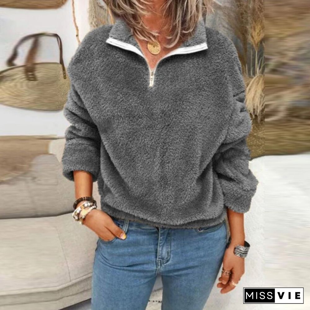 Women O Neck Simple All-match Sweatshirts Autumn Solid Casual Loose Pullover Tops Elegant Office Zipper Long Sleeve Jumper Blusa