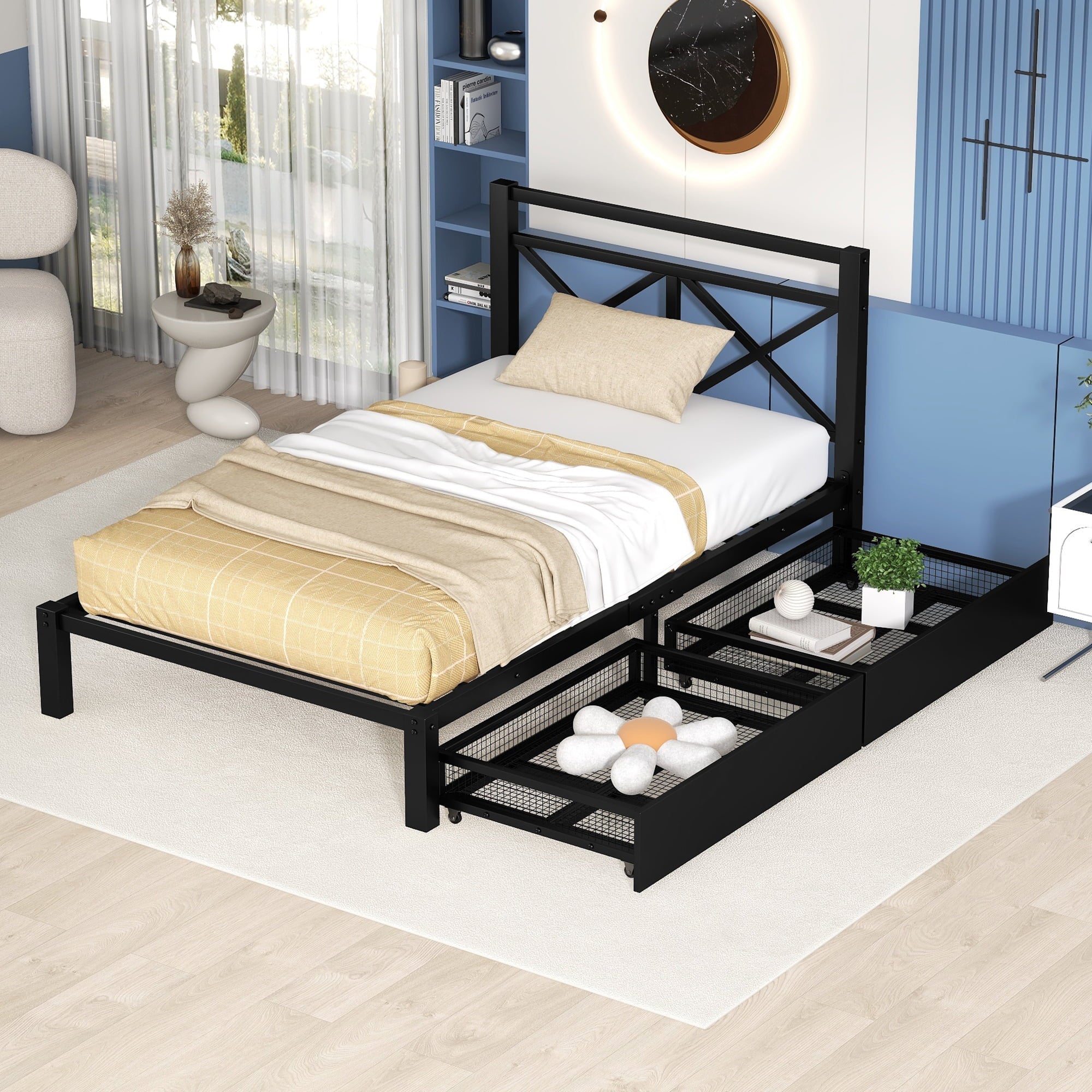 Metal Twin Size Platform Bed with Two Drawers for Kids Room, Black