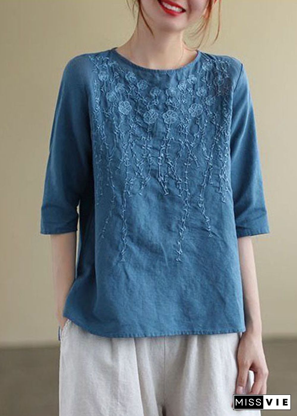 French Print3 O-Neck Embroideried Cotton Blouses Half Sleeve