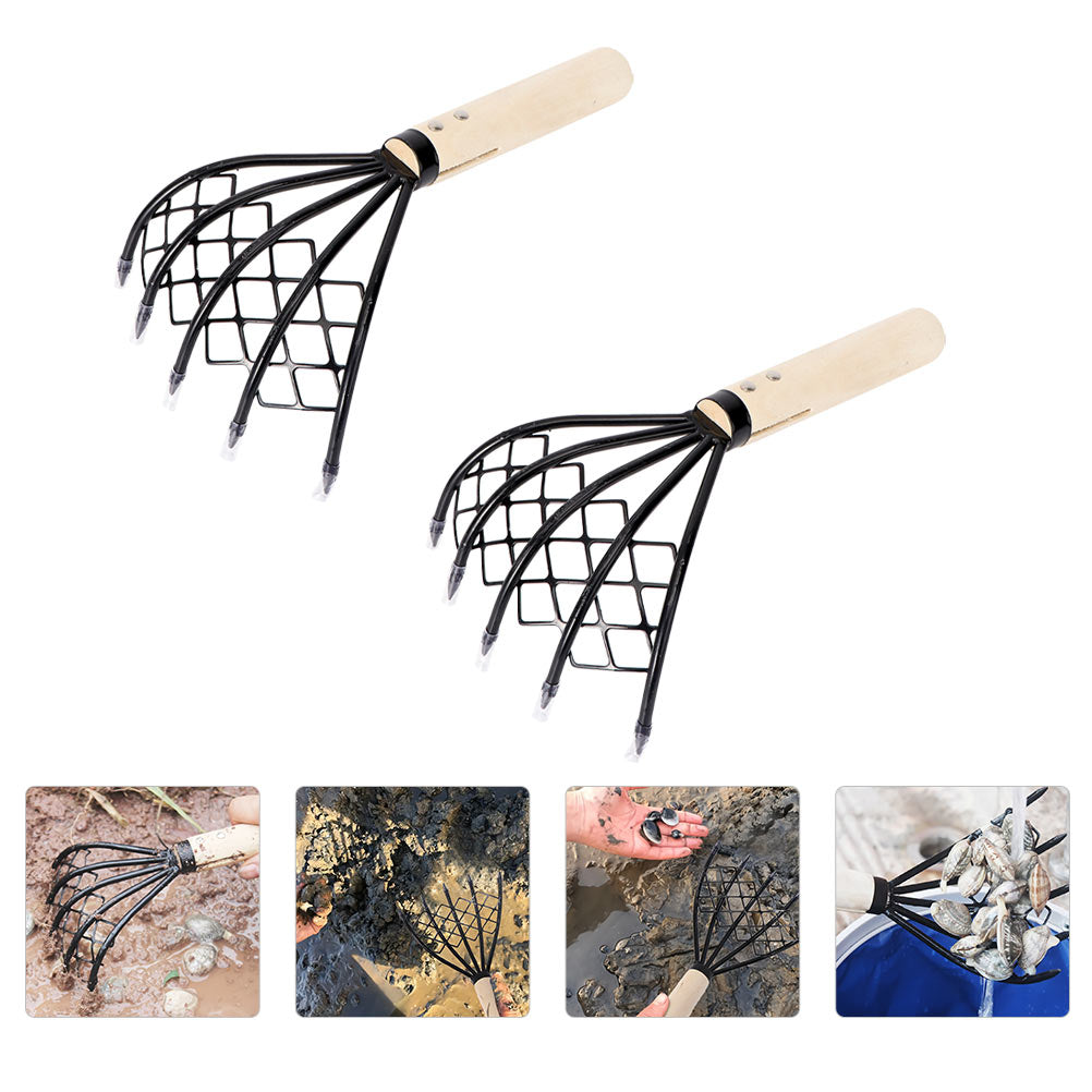 2pcs Carbon Steel Clam Rake with Net Oyster Shell Digging Tool Rake Tool