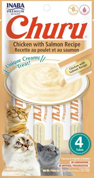 Inaba Churu Chicken with Salmon Recipe Creamy Puree Grain-Free Lickable Cat Treats