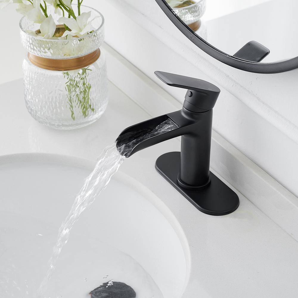 BWE Waterfall Single Handle Single Hole Modern Bathroom Faucet Bathroom Drip-Free Vanity Sink Faucet in Matte Black A-96071-B