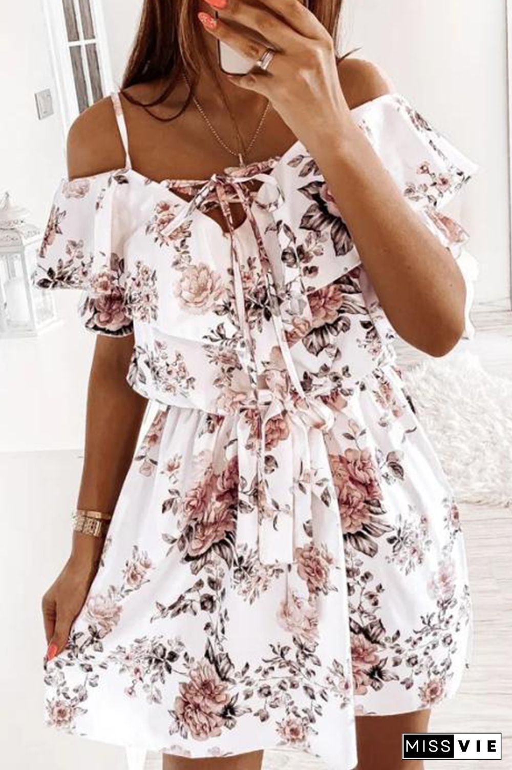 Elegant Floral Frenulum Flounce V Neck A Line Dresses