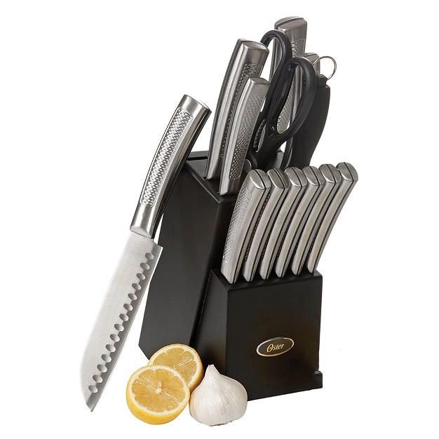 Oster Wellisford Stainless Steel Kitchen Cutlery Set With Black Wood Block Holder And Knife Sharpener For Home Chef Cooking Cutting 14 Piece silver