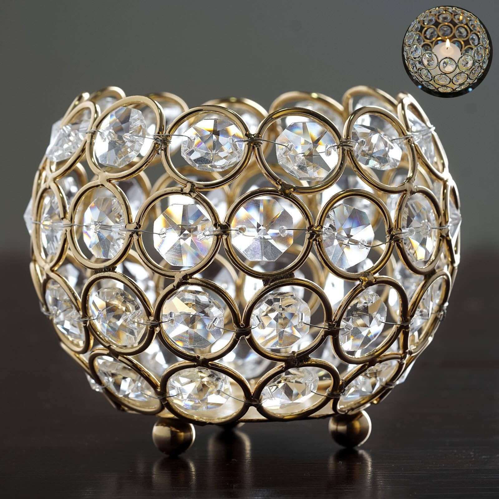 Gold Crystal Beaded Metal Votive Tealight Candle Holder, Multipurpose Table Vase 4