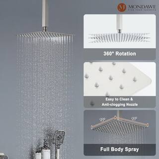 Mondawe Andalusia Multiple 7-Spray Patterns 12 in. Ceiling Mount Rain Dual Shower Heads with 2.5 GPM 3-Jet Valve in Nickel MD6067-BN