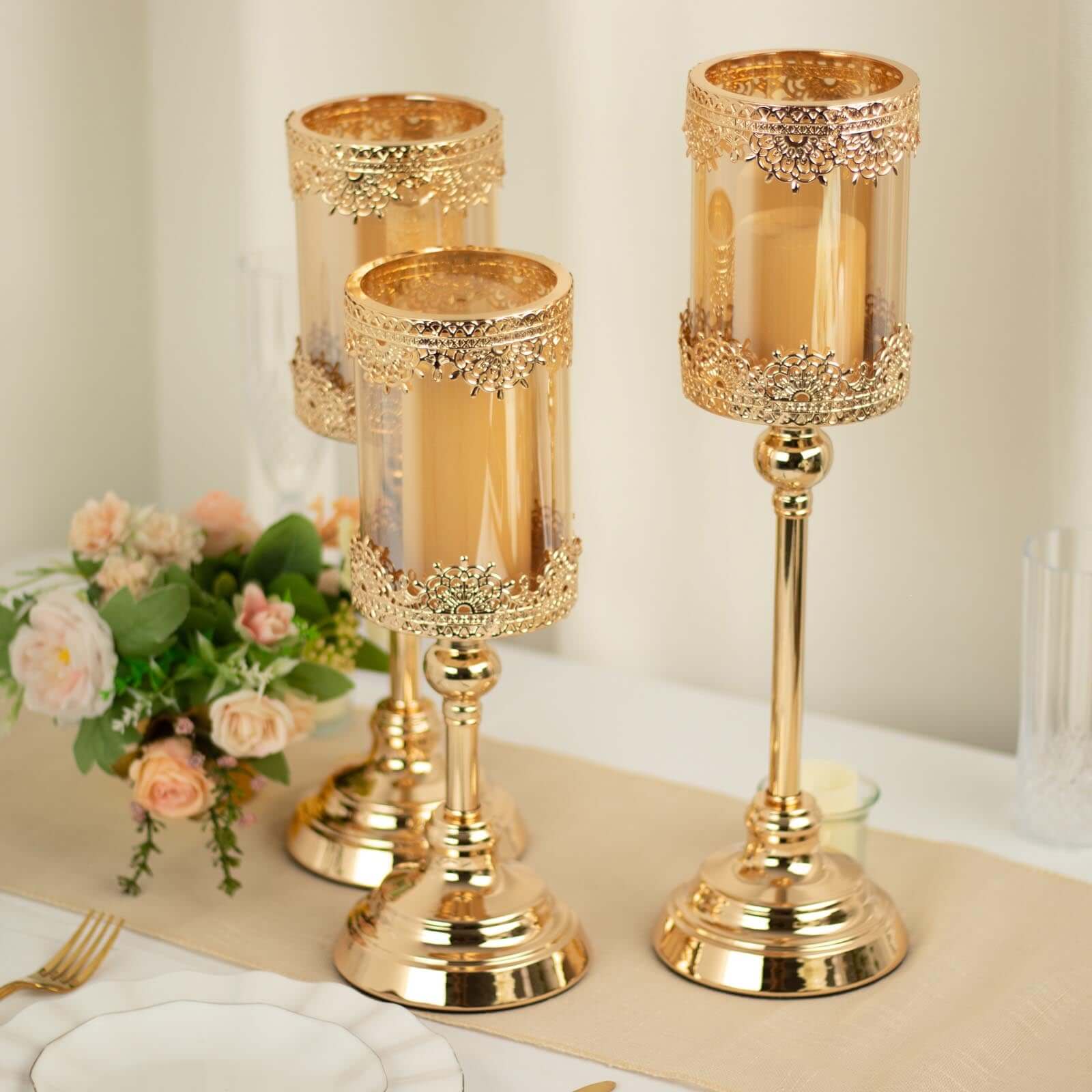 Set of 3 Antique Gold Lace Design Votive Candle Stands, Hurricane Glass Pillar Candle Holders 13