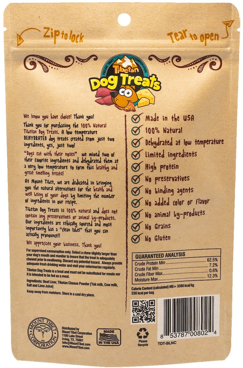 Tibetan Dog Treats Beef Liver 'n' Cheese Grain-Free Dehydrated Dog Treats， 3.5-oz pouch