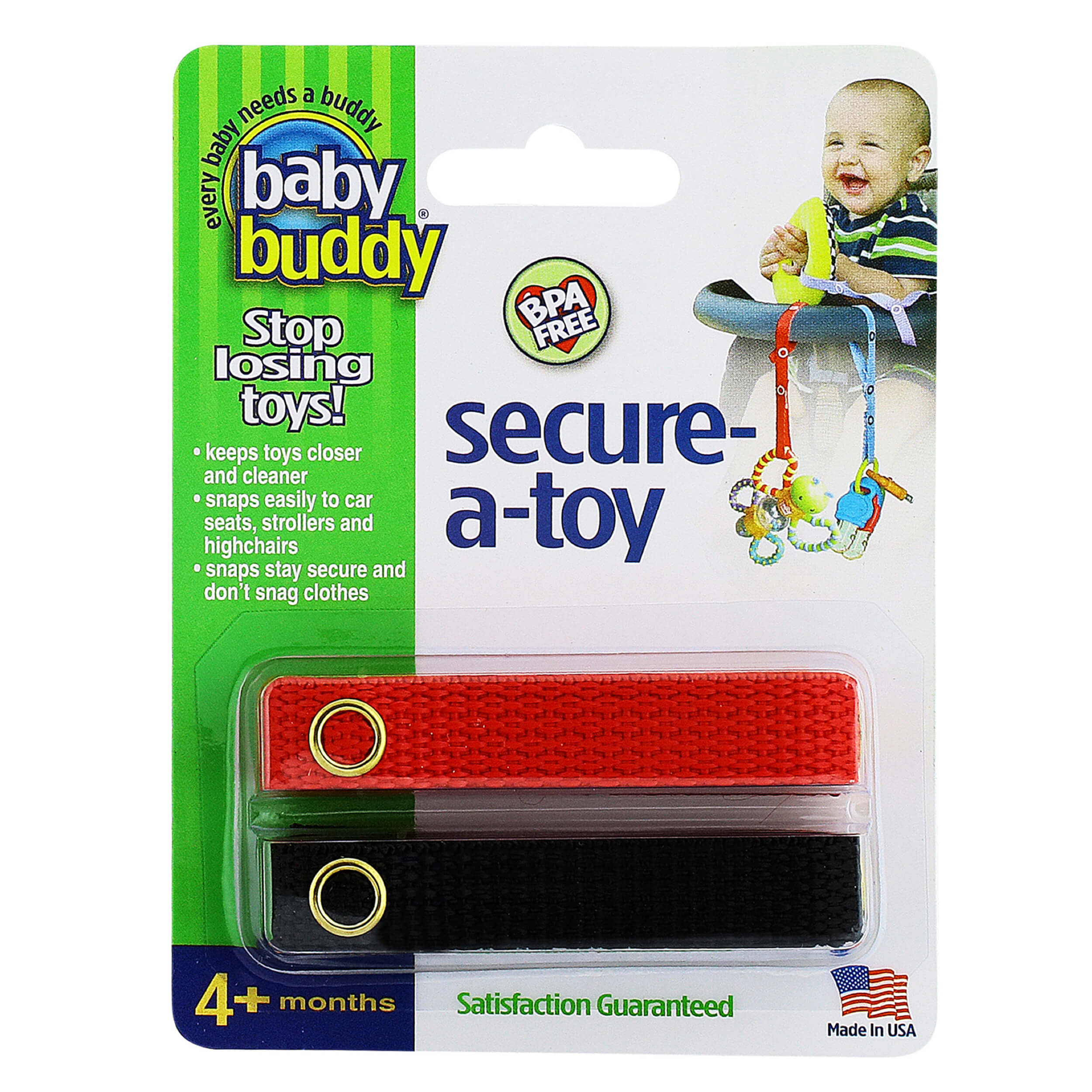 Baby Buddy Secure-A-Toy, Safety Strap Secures Toys, Teether, or Pacifier to Stroller, Highchair, Car Seat, Red-Black