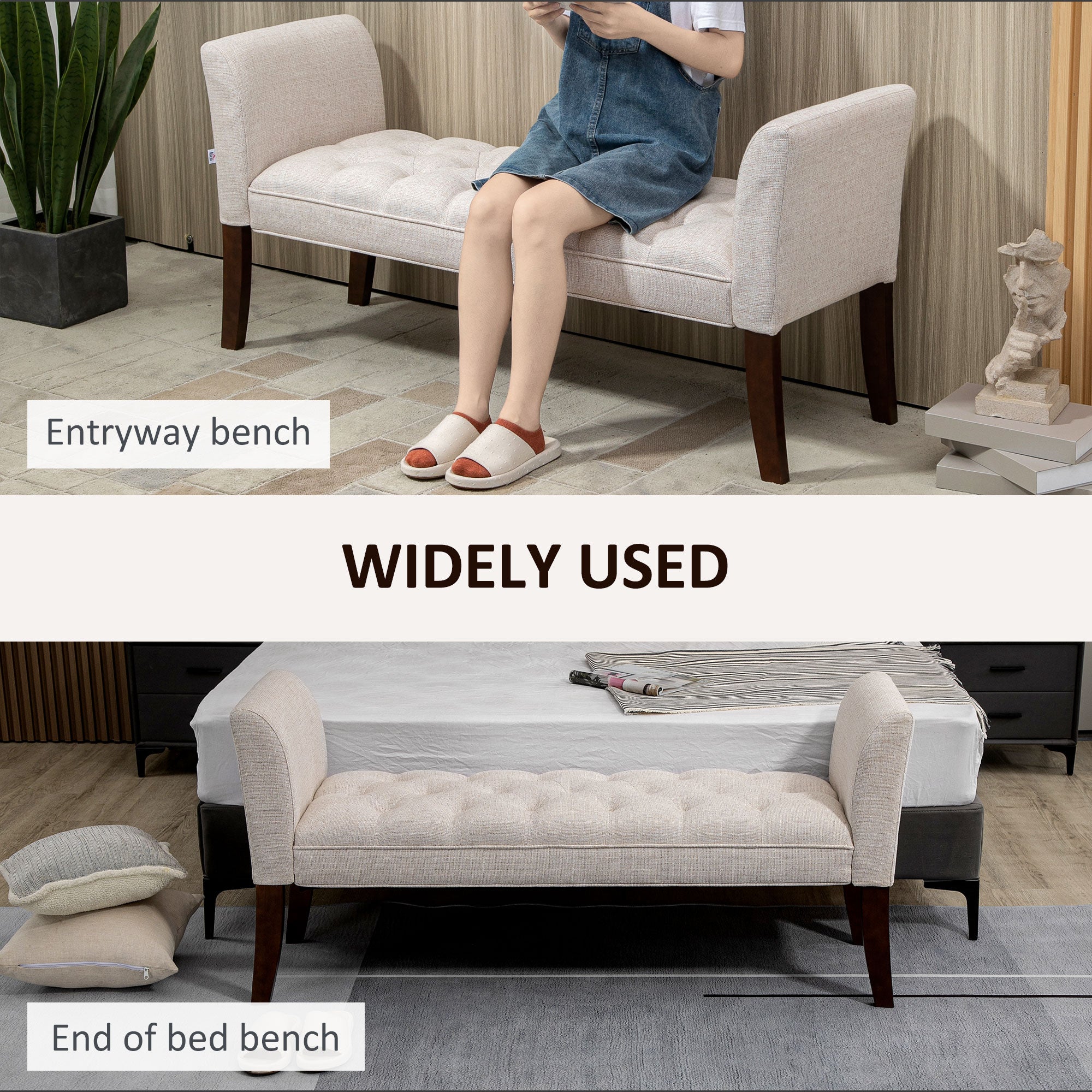 HOMCOM End of Bed Bench with Button Tufted Design, Upholstered Bench with Arms and Solid Wood Legs for Bedroom, Beige