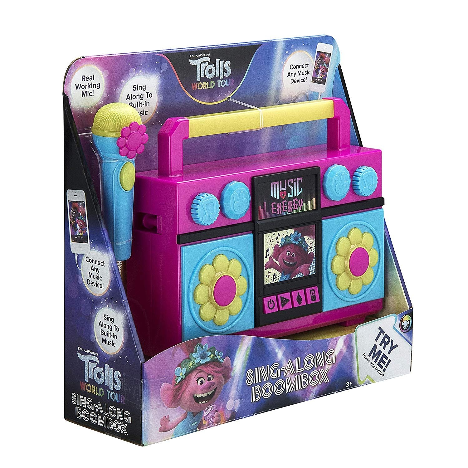 KIDdesigns Trolls World Tour Sing Along Boombox Karaoke with Microphone， Flashing Lights