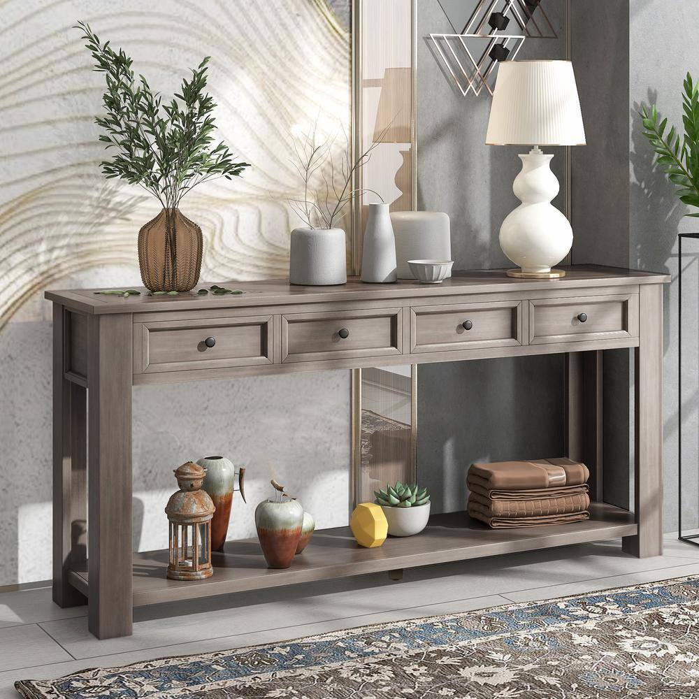 ANBAZAR 63 in. Gray Wash Rustic Wood Rectangle Console Table for Entryway Hallway Sofa Table with 4-Drawers and 1-Bottom Shelf 01516ANNA-E