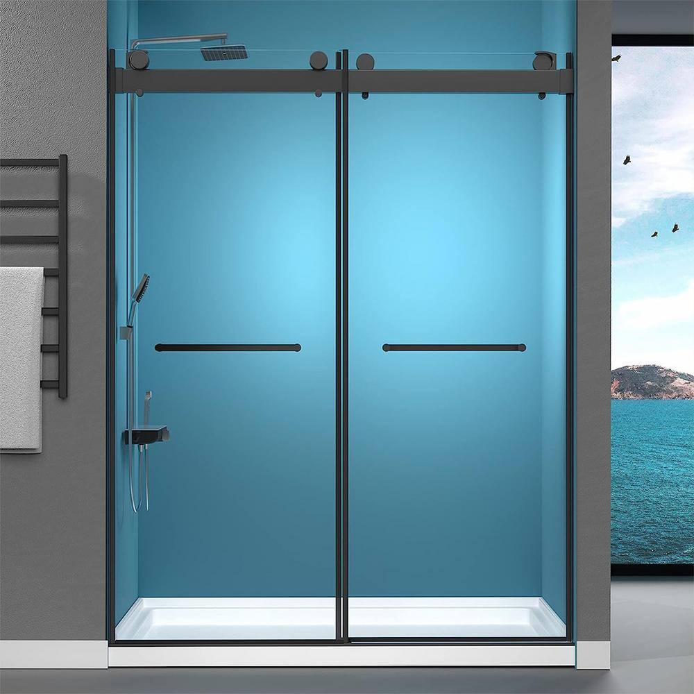 TOOLKISS 58 in. to 60 in. W x 76 in. H Sliding Frameless Shower Door Soft Close in Matte Black with Clear Glass TK19069MB