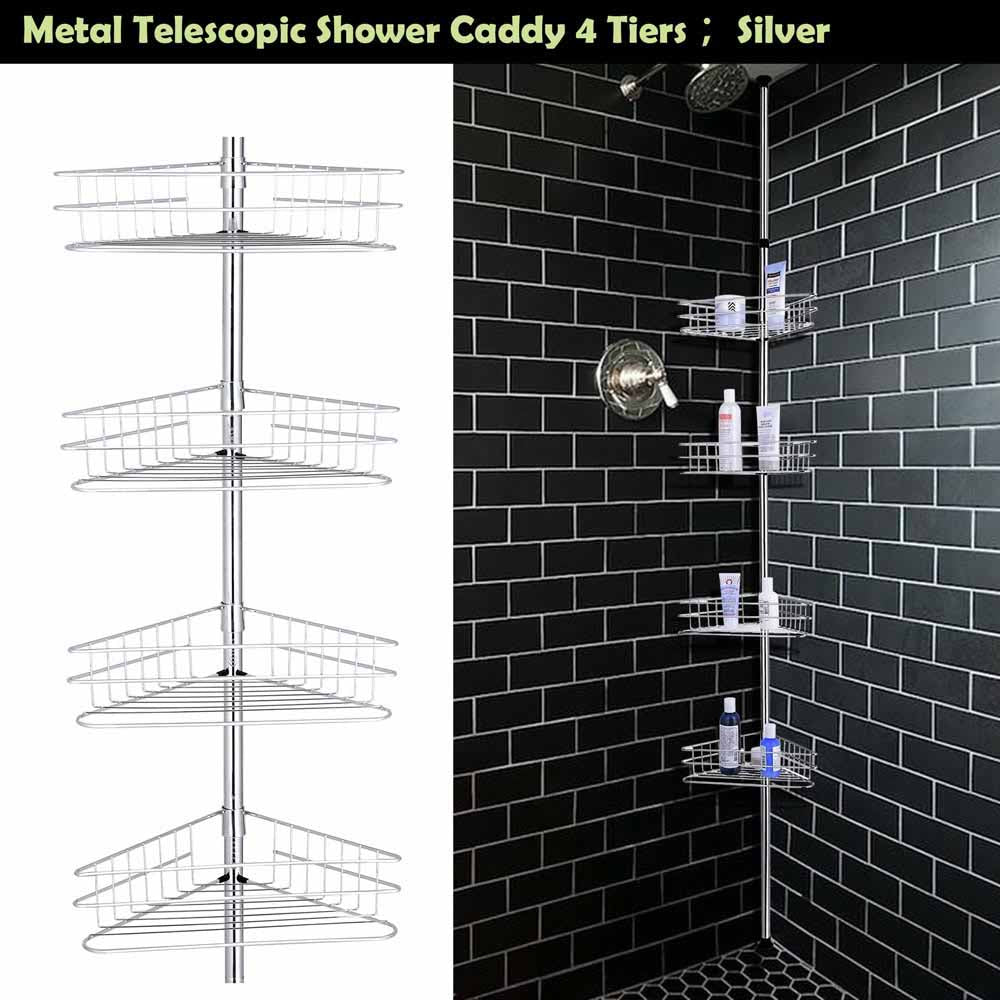 Aquaterior 4 Baskets Bathtub Corner Shower Caddy Adjustable Pole Silver