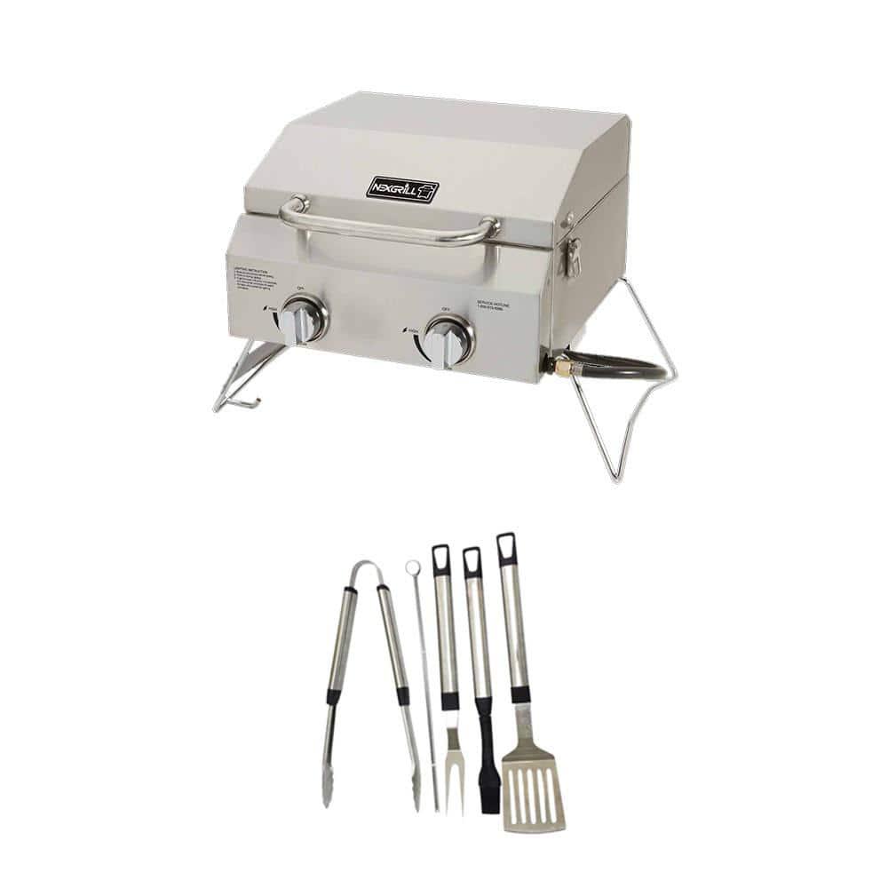 Nexgrill 2Burner Portable Propane Gas Table Top Grill in Stainless Steel Plus Tool Set