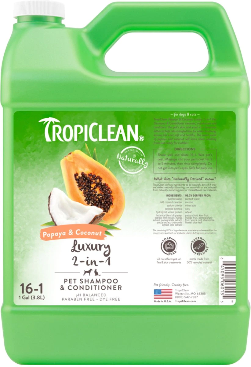 TropiClean Luxury 2 in 1 Papaya and Coconut Pet Shampoo and Conditioner - Grooming Supplies for Smelly Dogs， Puppies， and Cats - Soap and Paraben Free (1 Gallon)