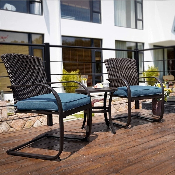 3 Piece CSpring Bistro Set，Outdoor Patio Rocking Wicker Chairs with Cushions and Small Coffee Table，for Porch，Garden