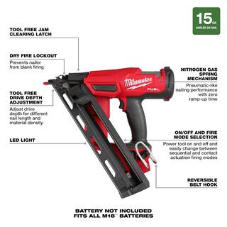 MW M18 Brushless 15-Gauge Cordless Finish Nailer M18 FUEL 2 Gal. Compressor M18 2.0 Ah Battery M18 5.0 Ah XC Battery 2839-20-48-11-1820-2840-20-48-11-1850