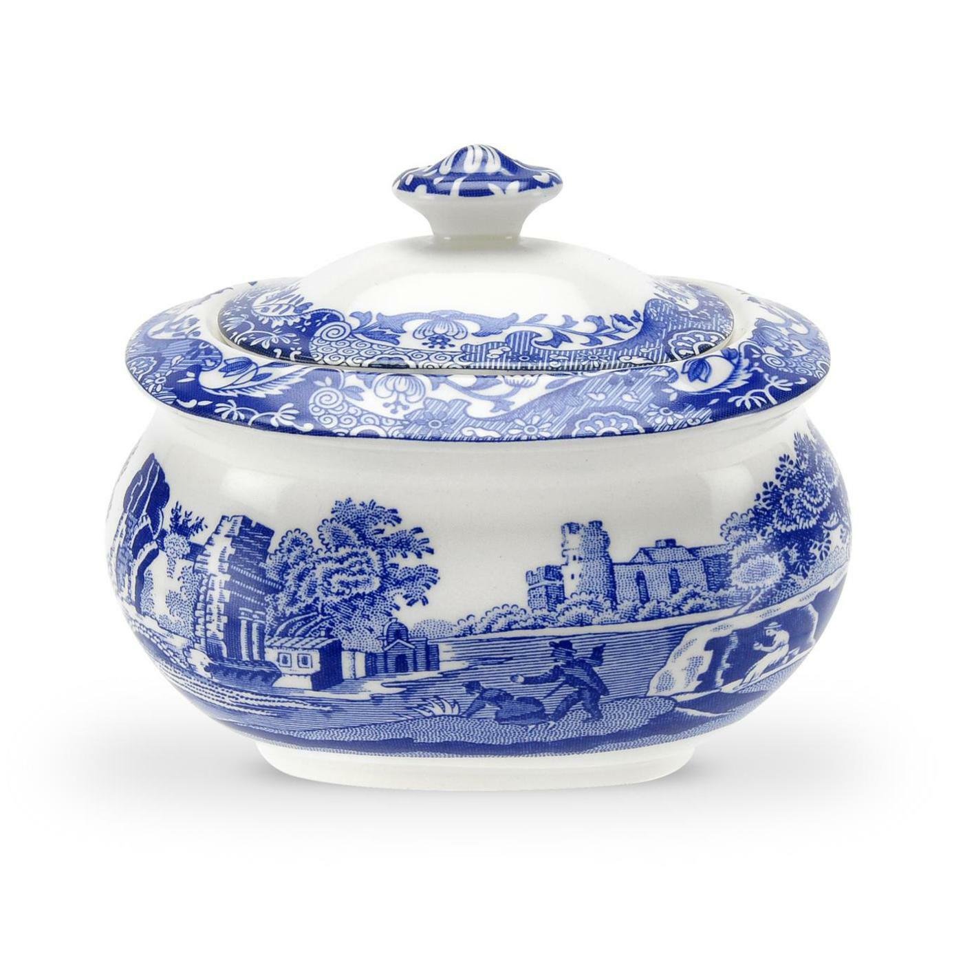 Spode Blue Italian Covered Sugar Bowl with Lid， Fine Earthenware， 9 oz