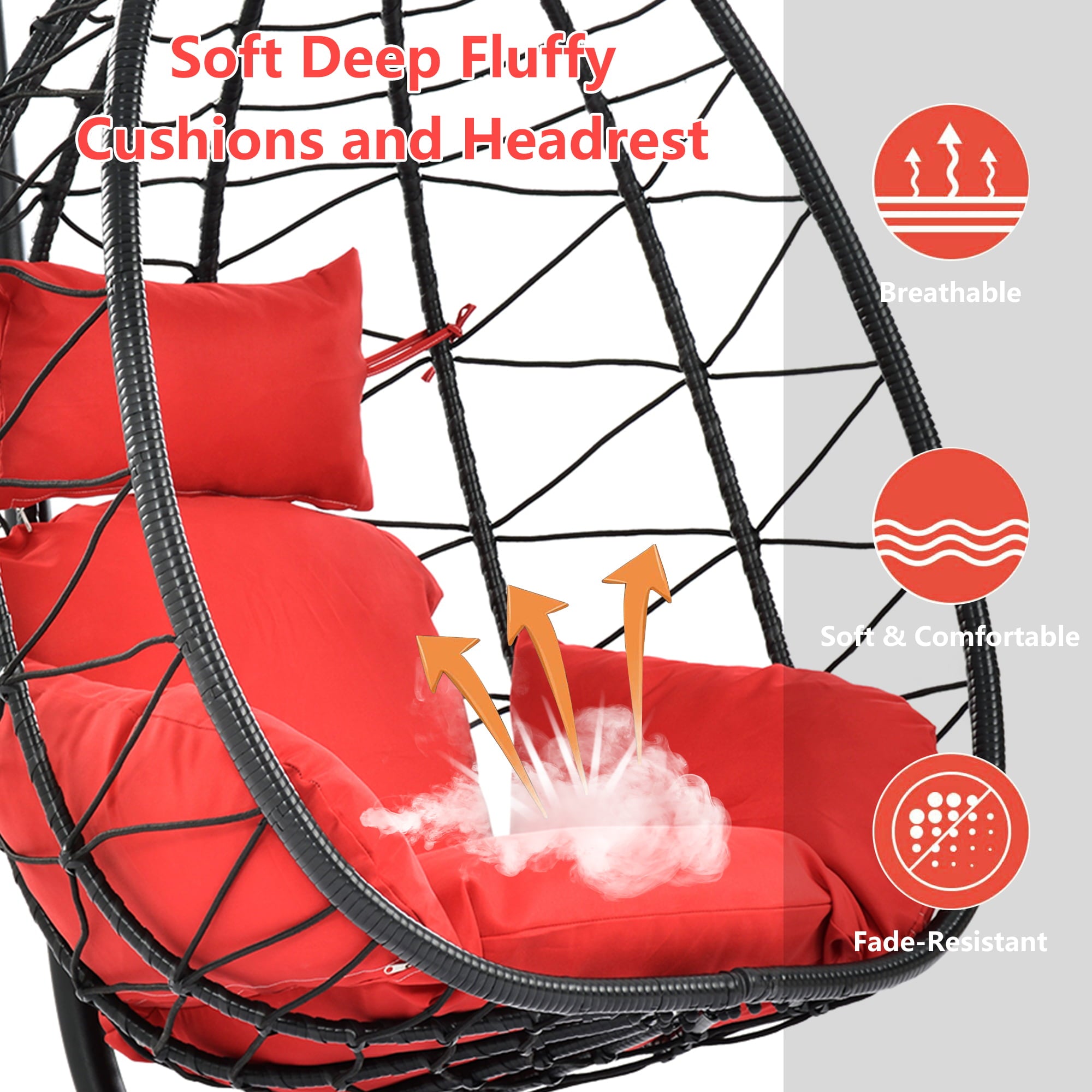 SYNGAR 2 Piece Indoor Outdoor Patio Wicker Hanging Chairs, Swing Hammock Egg Chairs Waterproof Cushions with Steel Frame, 300lbs Capacity for Patio Balcony Bedroom Living Room, Red