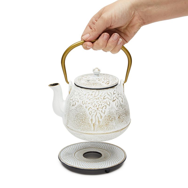 32 Oz White Gold Japanese Cast Iron Teapot Set With Handle， Infuser， Trivet