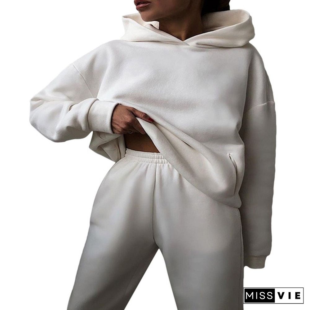 Women Hoodies Two Piece Set Long Sleeve Solid Casual Pocket Sweater Suit Spring Elastic Sport Pants Female Tracksuit