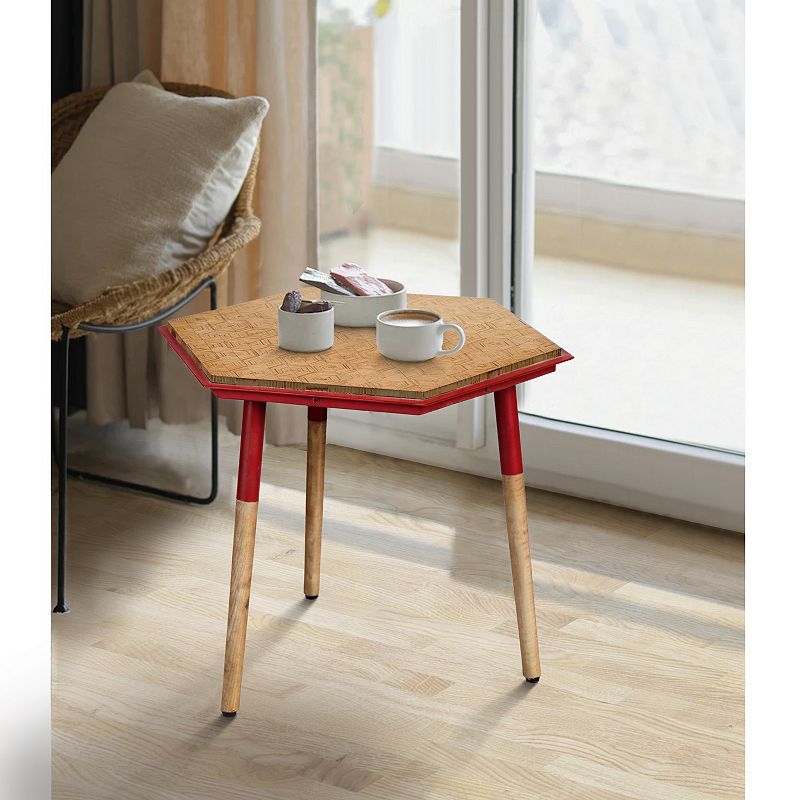 Paige 18 Inch Hexagon Illusion Wood Side Table， Brown， Red