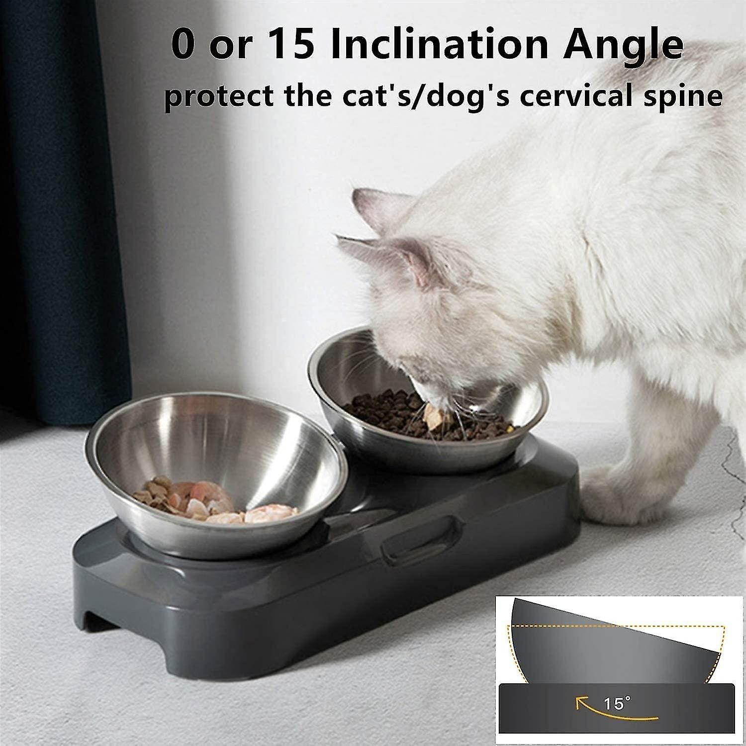 Less Steel Raised Cat Dog Bowl， 400ml X2 Double Bowl For Cat Dog ， Non-slip No Spill