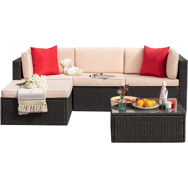 Furniwell 5 Pieces Patio Sectional Sofa Sets Rattan Conversation Sets