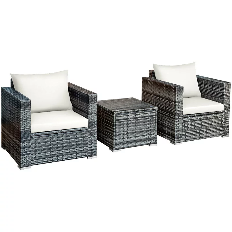 3 Pcs Patio Rattan Furniture Bistro Sofa Set with cushions