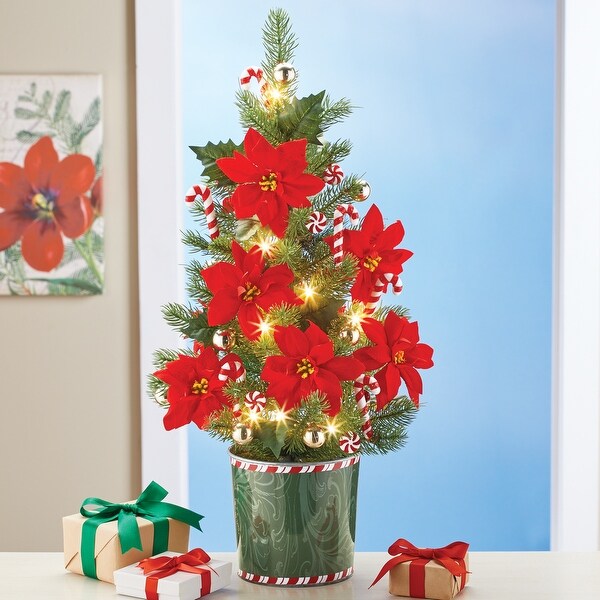 LED Lighted 24inch Poinsettia Candy Cane Tabletop Tree