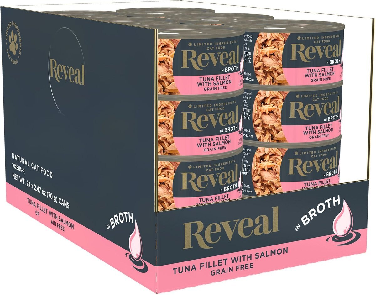 Reveal Natural Grain-Free Tuna Fillet with Salmon in Broth Flavored Wet Cat Food， 2.47-oz can， case of 24