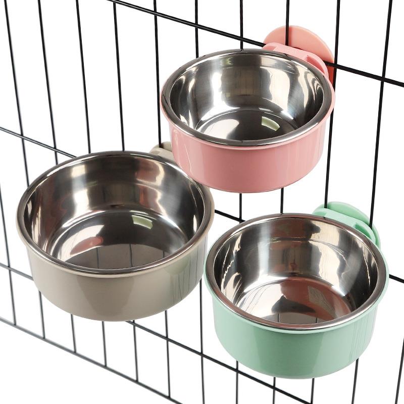 Ecosprial Removable Stainless Steel Hanging Pet Cage Bowl Food and Water Feeder Coop Cup for Birds， Rats， Guinea Pigs，Pink