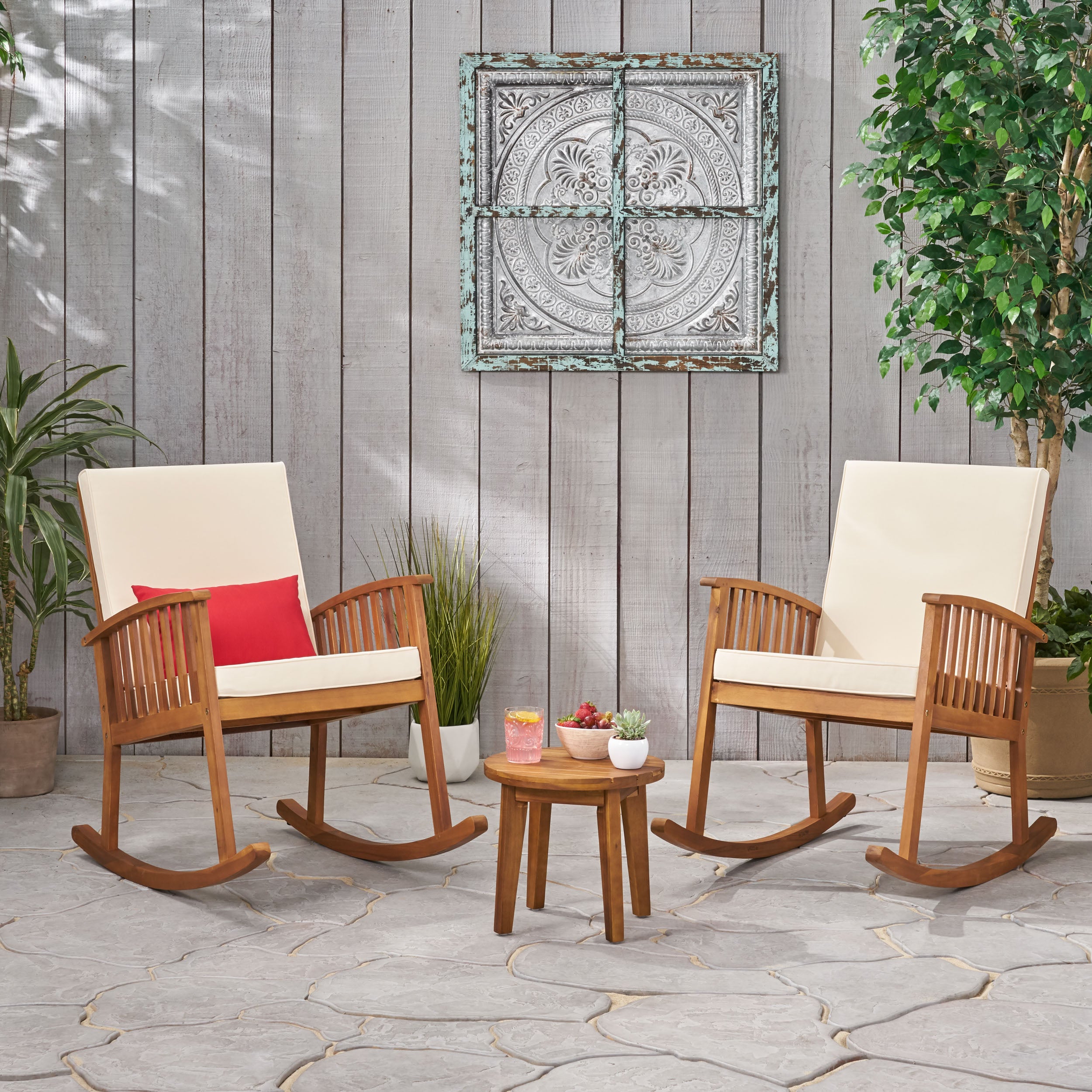 Sandra Outdoor Acacia Wood 2 Seater Rocking Chairs and Side Table Set