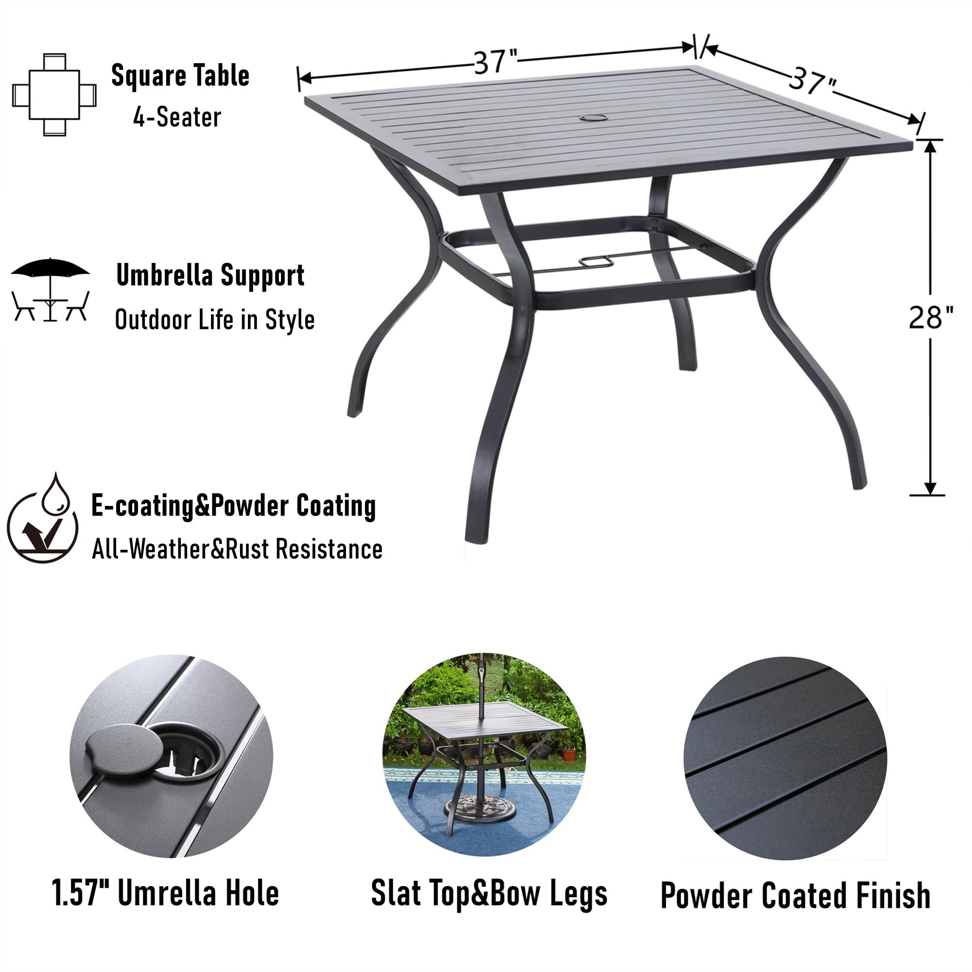 MF Studio 6-Piece Aluminum Outdoor Patio Dining Set with 10 FT 3-Tier Umbrella, 4 PCS 7-Level Adjustable Folding Sling Chairs& Square Dining Table, Black& Beige