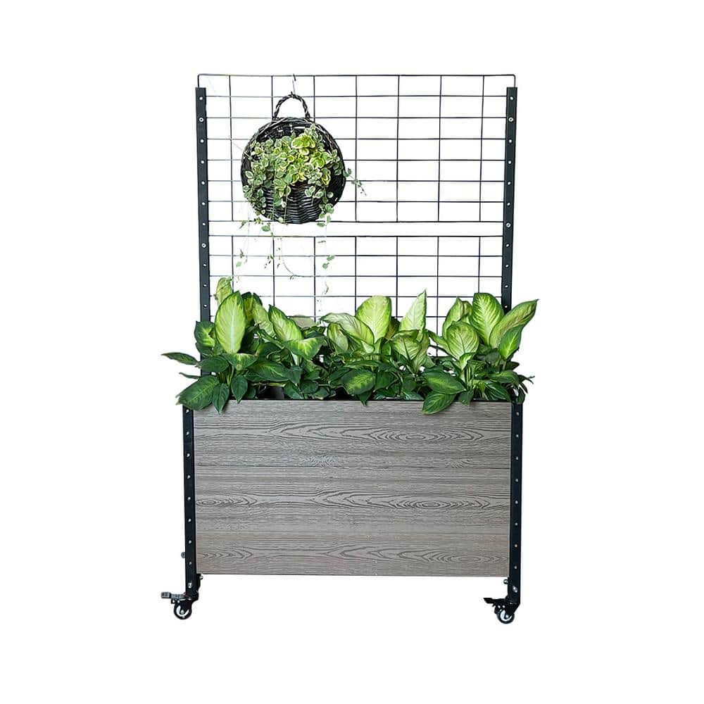 EverBloom 12 in. D x 57 in. H x 36 in. W Grey and Black Composite Mobile Deep Trough Planter Box Raised Garden Bed with Trellis K2121G