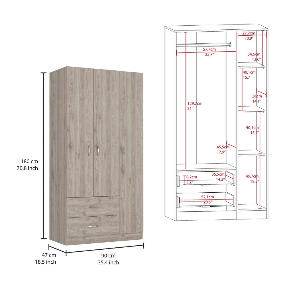 Bedroom 3 Door Armoire with Drawers   Shelves and Hanging Rod  Gray