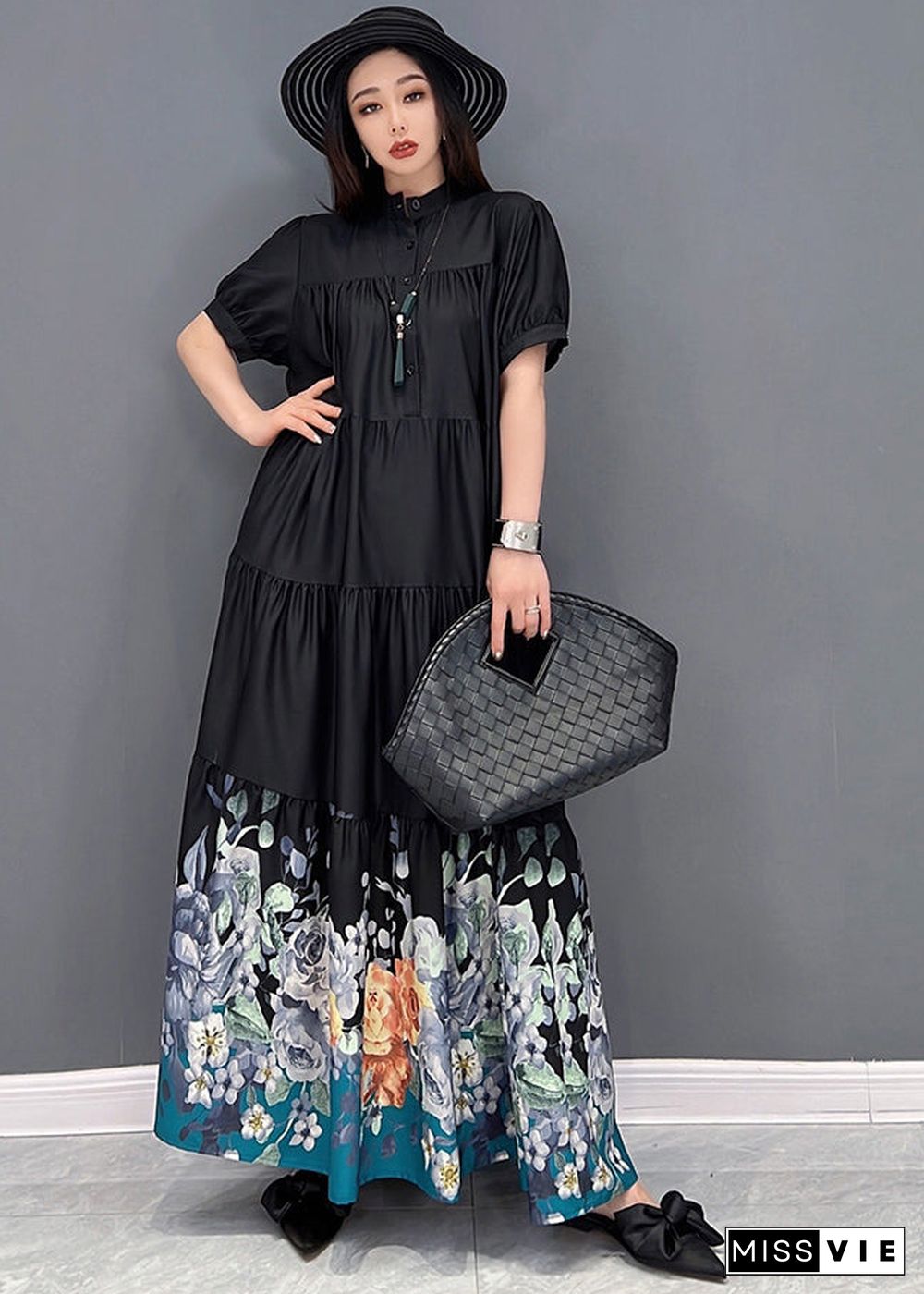 French Black Stand Collar Floral Print Wrinkled Patchwork Cotton Long Dress Short Sleeve