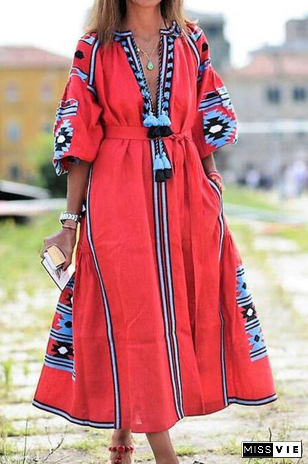 Ethnic Print Pom Pom Maxi Dress